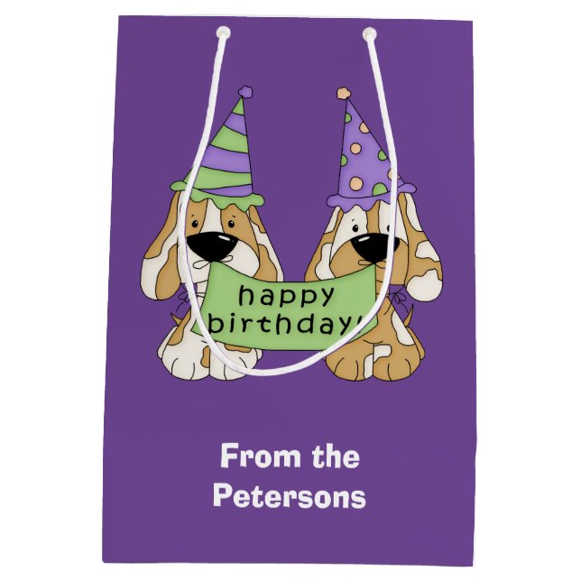 Sac Cadeau Moyen Anniversaire du chiot pourpre Personnalisé (Dos)