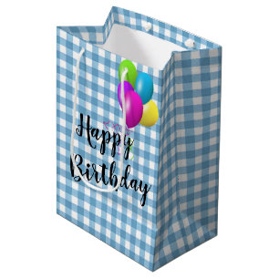 Sac Cadeau Moyen Anniversaire En vichy bleu et blanc