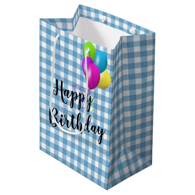 Sac Cadeau Moyen Anniversaire En vichy bleu et blanc (Devant Angle)