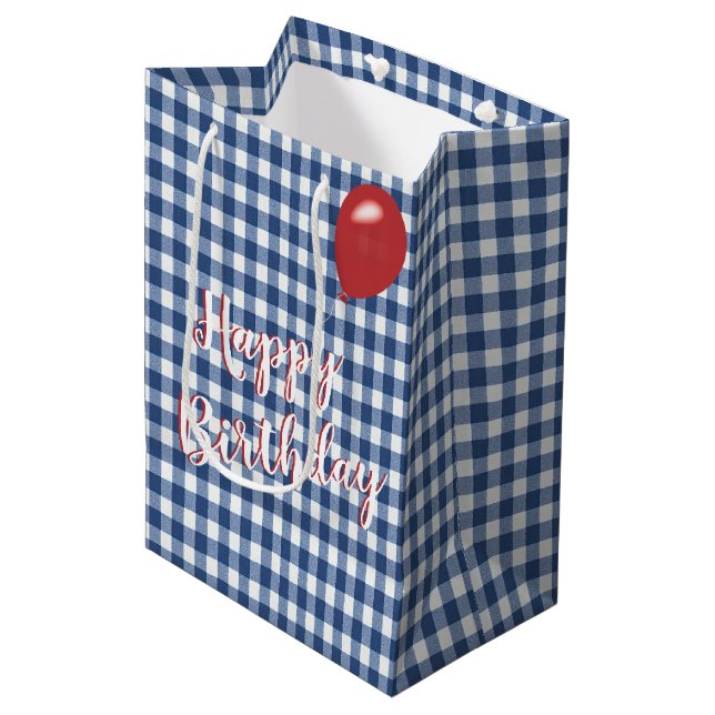 Sac Cadeau Moyen Anniversaire En vichy bleu et blanc (Devant Angle)