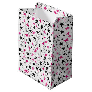 Sac Cadeau Moyen Anniversaire Étoiles Argent Noir Rose