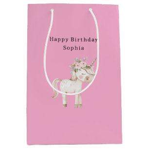 Sac Cadeau Moyen Anniversaire Fleur Rose Licorne