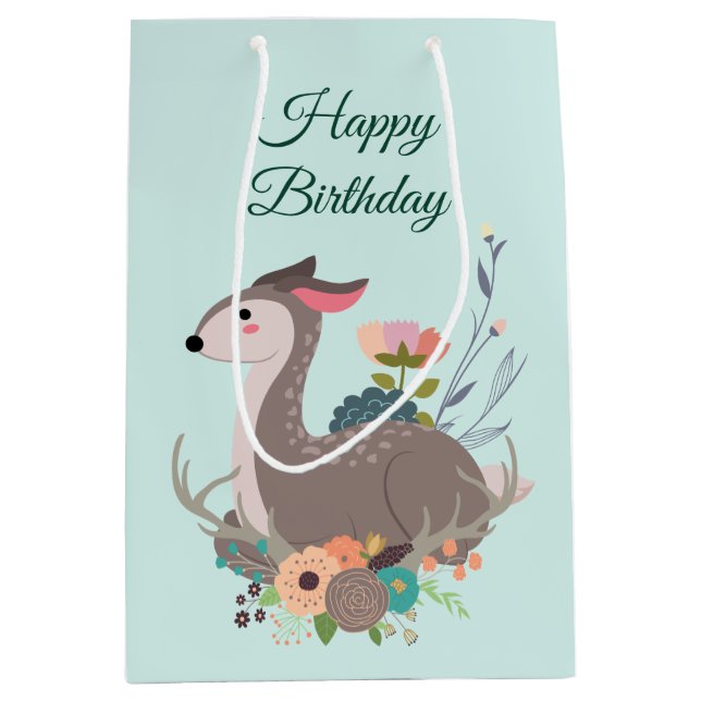 Sac Cadeau Moyen Anniversaire floral de cerf Fawn Personnalisé (Devant)
