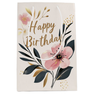 Sac Cadeau Moyen Anniversaire Floral Pink Gold