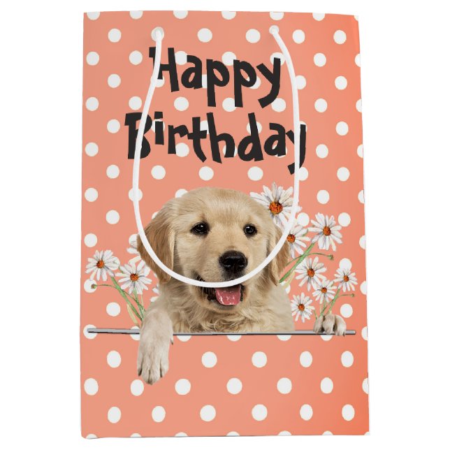 Sac Cadeau Moyen Anniversaire Golden Retriever avec marguerites (Devant)