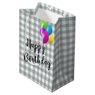 Sac Cadeau Moyen Anniversaire gris et blanc En vichy