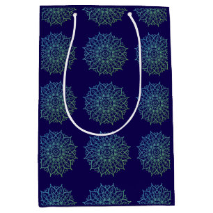 Sac Cadeau Moyen Anniversaire Mandala Bleu Nuit Élégant Vert