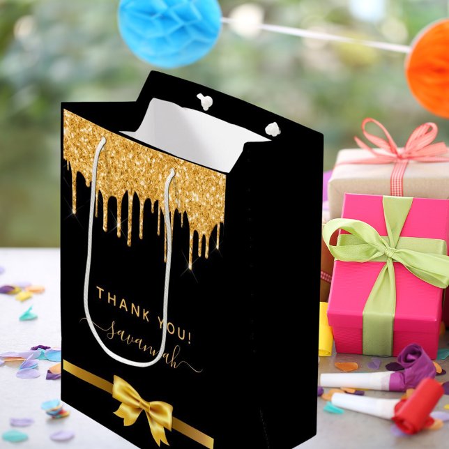 Sac Cadeau Moyen Anniversaire parties scintillant d'or noir merci p (Créateur téléchargé)