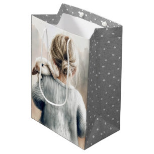 Sac Cadeau Moyen Anniversaire Petite fille avec animal de compagnie