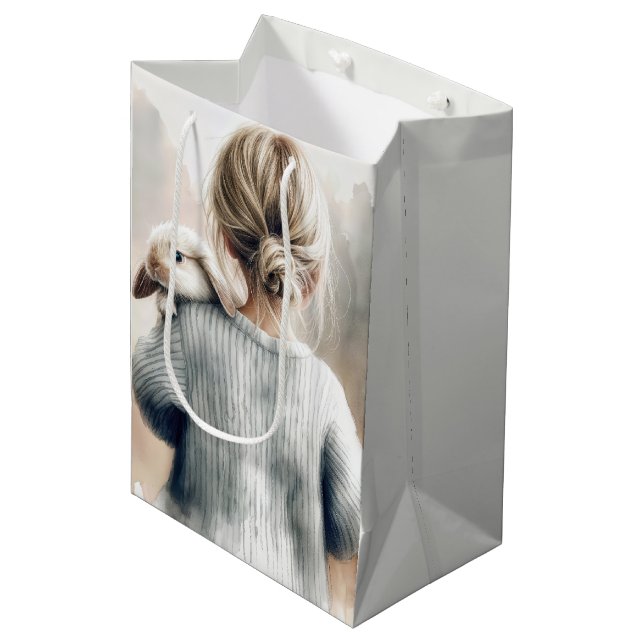 Sac Cadeau Moyen Anniversaire Petite fille avec animal de compagnie (Devant Angle)