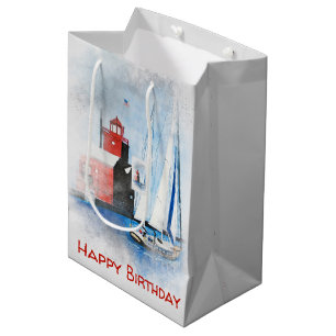 Sac Cadeau Moyen Anniversaire Red Michigan Lighthouse avec voilier