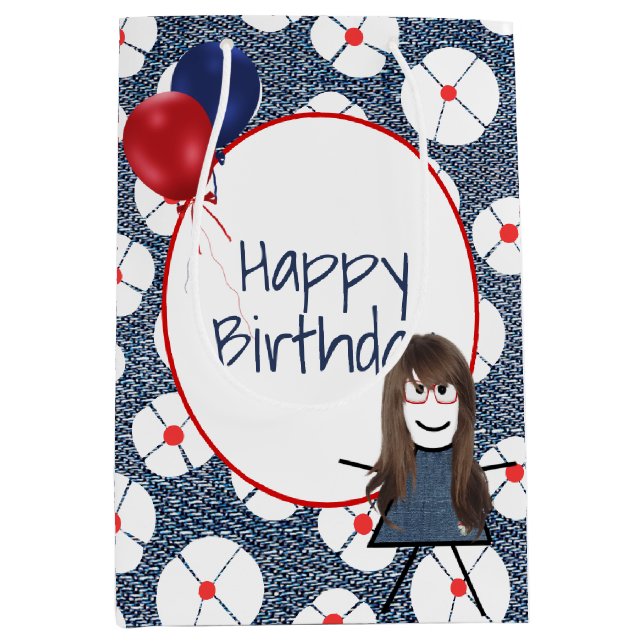 Sac Cadeau Moyen Anniversaire Stick Girl avec cheveux (Devant)
