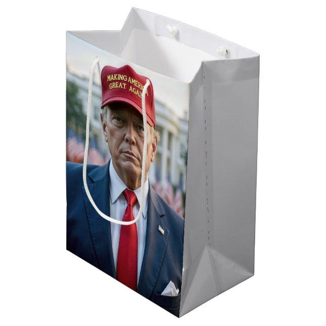 Sac Cadeau Moyen Anniversaire Trump avec Casquette Red MAGA (Devant Angle)
