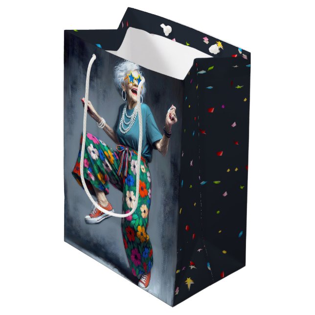 Sac Cadeau Moyen Anniversaire Vielle dame Danser (Devant Angle)