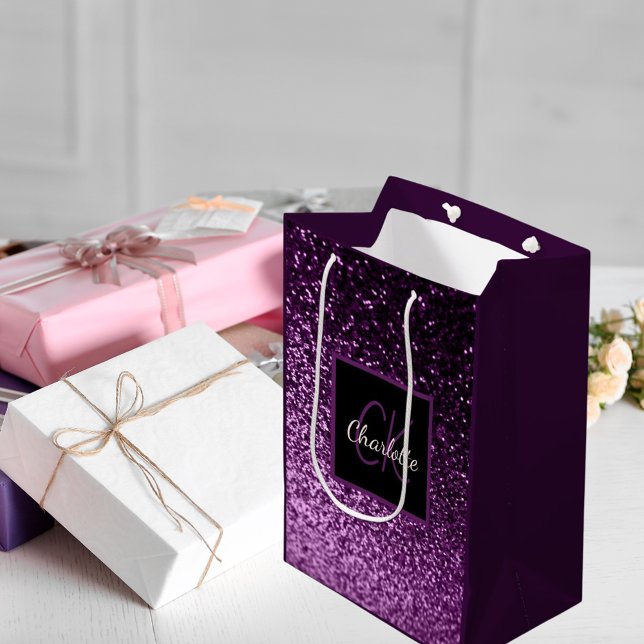 Sac Cadeau Moyen Anniversaire violet rose parties scintillant monog (Créateur téléchargé)