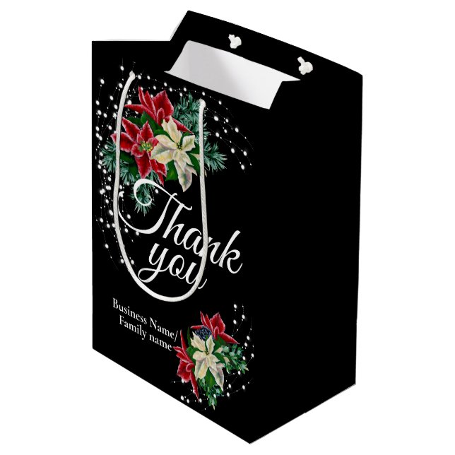 Sac Cadeau Moyen Appréciation Merci Poinsettia Floral Noir (Dos Angle)
