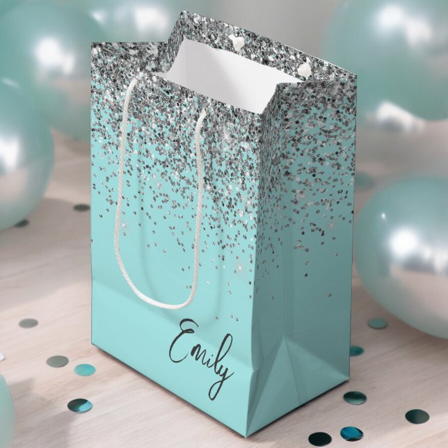 Sac Cadeau Moyen Aqua Bleu Pailleté Argenté Monogramme Féminin (Créateur téléchargé)
