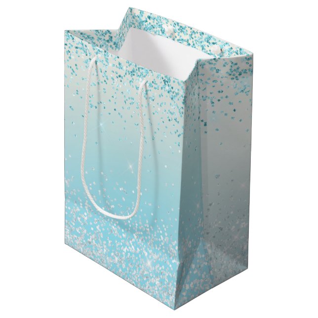 Sac Cadeau Moyen Aqua Blue Ombre Glitzy Sparkle Parties scintillant (Devant Angle)