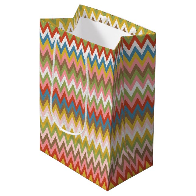Sac Cadeau Moyen Aqua Blue Orange Rose Rouge Lime Vert Zigzag Art (Devant Angle)
