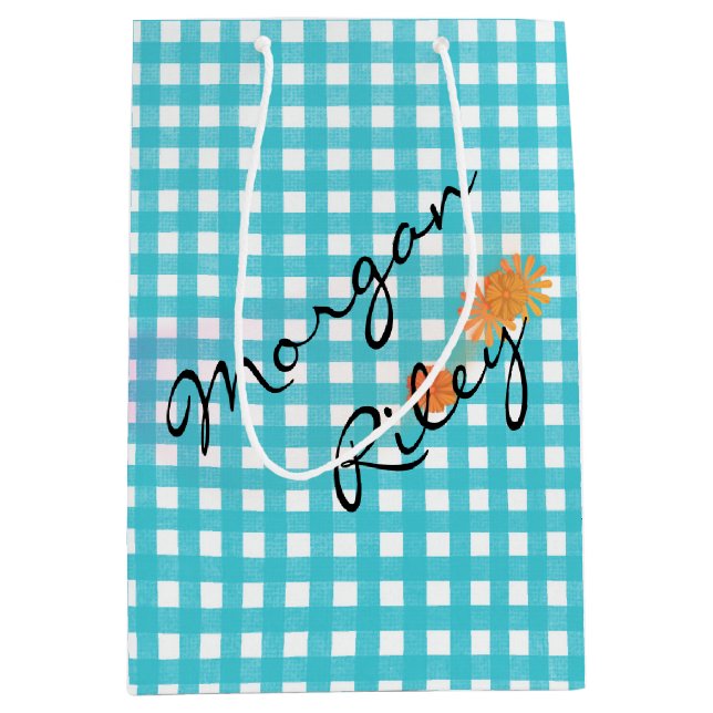 Sac Cadeau Moyen Aqua en vichy et fleurs (Devant)