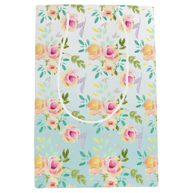 Sac Cadeau Moyen Aqua Ombre rose jaune floral (Devant)