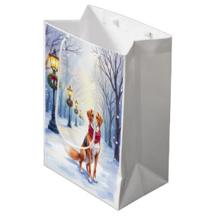 Sac Cadeau Moyen Aquarelle American Foxhound Lampadaire enneigé