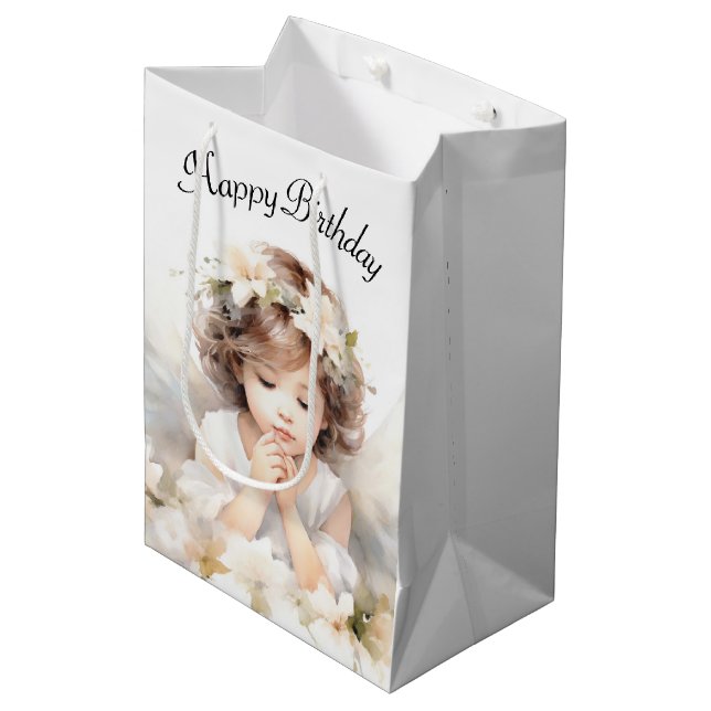 Sac Cadeau Moyen Aquarelle Anniversaire fille (Devant Angle)