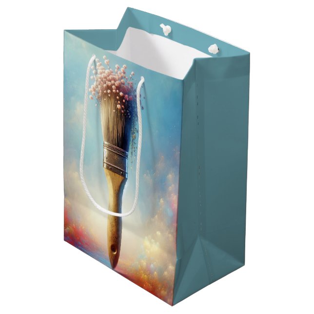 Sac Cadeau Moyen Aquarelle Anniversaire Peinture Bouquet (Devant Angle)