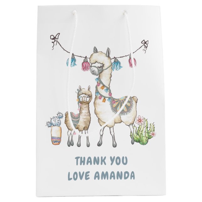 Sac Cadeau Moyen Aquarelle Baby shower à thème Llama (Devant)