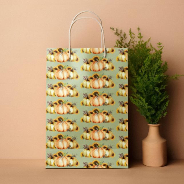 Sac Cadeau Moyen Aquarelle citrouille Tournesol d'automne (Créateur téléchargé)