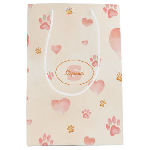 Sac Cadeau Moyen Aquarelle Coeurs et Empreintes de pattes Motif