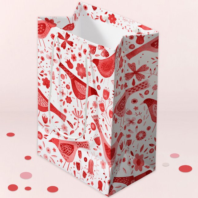 Sac Cadeau Moyen Aquarelle d'oiseaux Fêtes de Noël rouges (Créateur téléchargé)