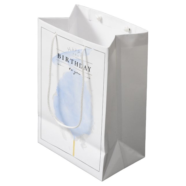 Sac Cadeau Moyen Aquarelle élégante Bleu Coton Bonbon Anniversaire (Devant Angle)