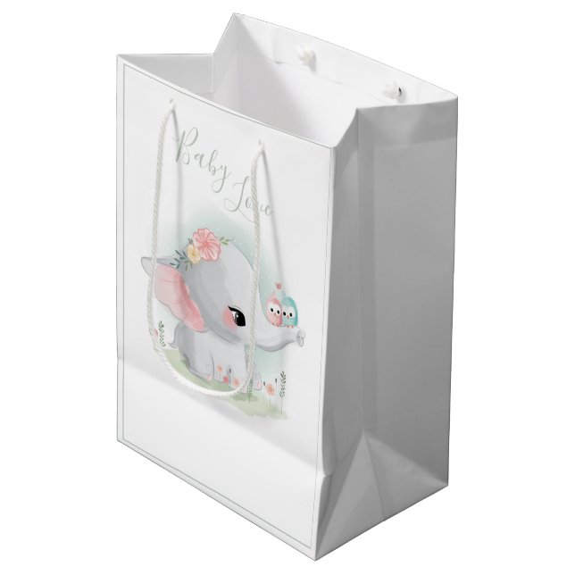 Sac Cadeau Moyen Aquarelle Eléphant mignonne Bébé Amour Sage Vert (Devant Angle)