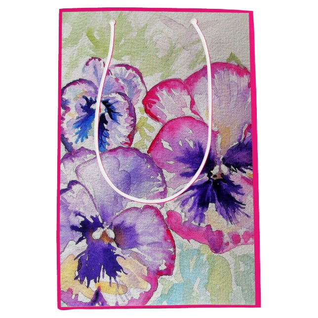 Sac Cadeau Moyen Aquarelle fleurie violette Pansy Anniversaire (Devant)