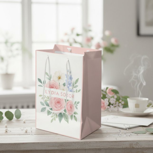 Sac Cadeau Moyen Aquarelle florale personnalisée  (Créateur téléchargé)