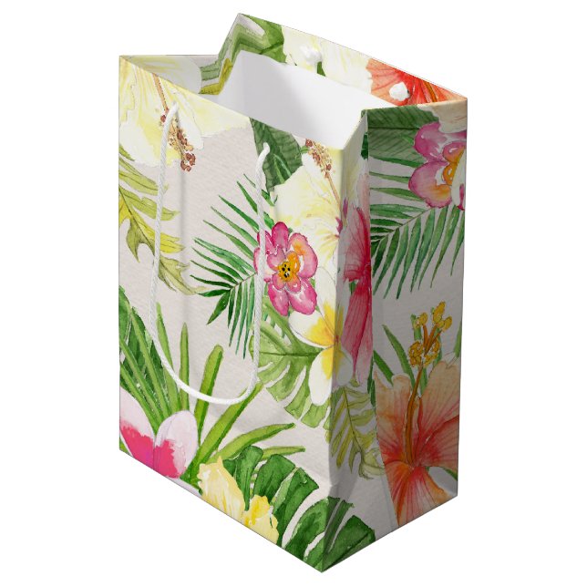 Sac Cadeau Moyen Aquarelle florale tropicale hawaïenne (Devant Angle)