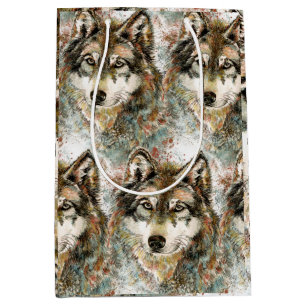 Sac Cadeau Moyen Aquarelle Gris Loup Faune Animal Nature Art