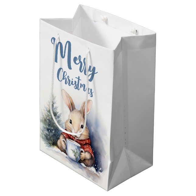 Sac Cadeau Moyen Aquarelle Lapin de Noël (Devant Angle)
