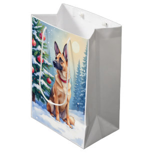 Sac Cadeau Moyen Aquarelle Malinois belge Noël Evergreen