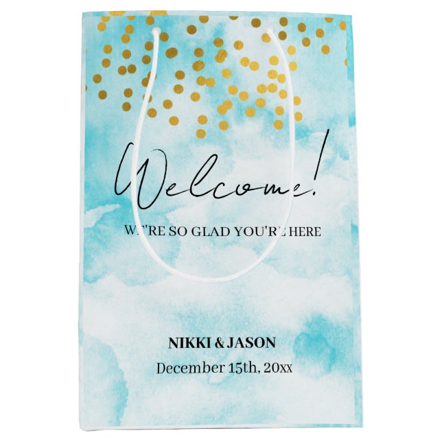 Sac Cadeau Moyen Aquarelle Minimale Gold Confetti Mariage Bienvenue (Devant)