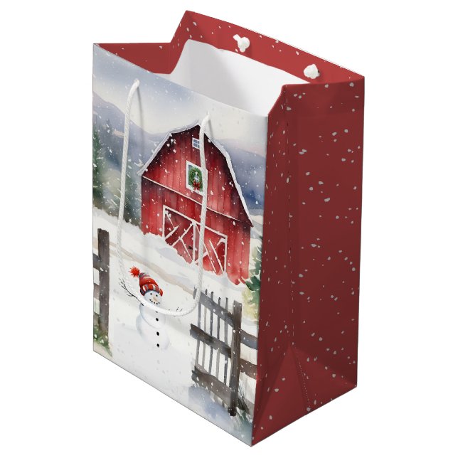 Sac Cadeau Moyen Aquarelle Noël Grange avec Snowman (Devant Angle)