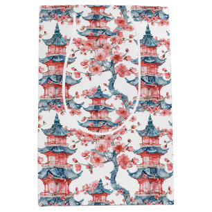 Sac Cadeau Moyen Aquarelle Pagode chinoise avec fleurs de cerisiers