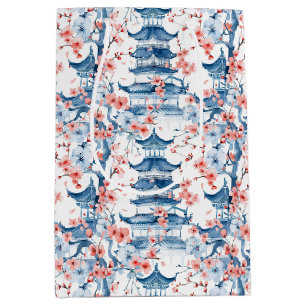 Sac Cadeau Moyen Aquarelle Pagode chinoise avec fleurs de cerisiers