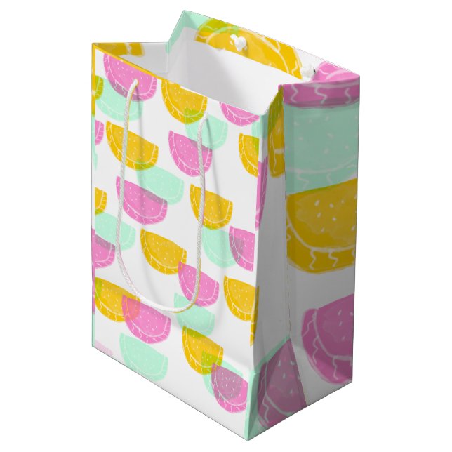 Sac Cadeau Moyen Aquarelle pastèque rose vert jaune Motif (Devant Angle)