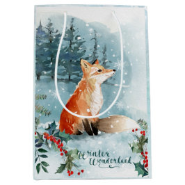 Sac Cadeau Moyen Aquarelle paysage boisé d'hiver, renard Noël