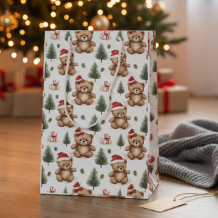 Sac Cadeau Moyen Aquarelle Père Noël Teddy Bear & Pine Tree Noël