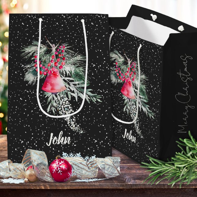 Sac Cadeau Moyen Aquarelle personnalisée Joyeux Noël botanique mode (Créateur téléchargé)