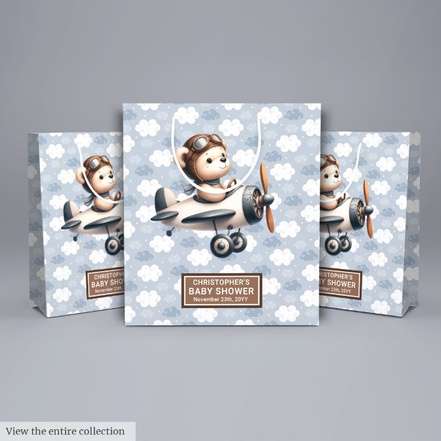 Sac Cadeau Moyen Aquarelle Pilote Ours Baby shower Faveur Pour Garç (Watercolor Pilot Bear Baby Shower Favor For Boys)