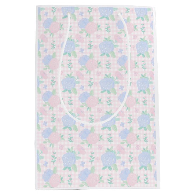 Sac Cadeau Moyen Aquarelle preppy en vichy florale (Devant)